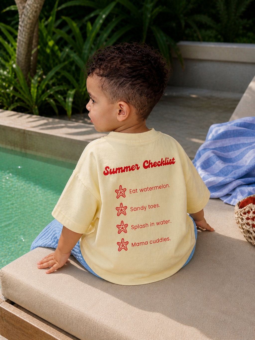 Toddler wearing Boo and Coo Ciao Summer oversized t-shirt with summer checklist back print