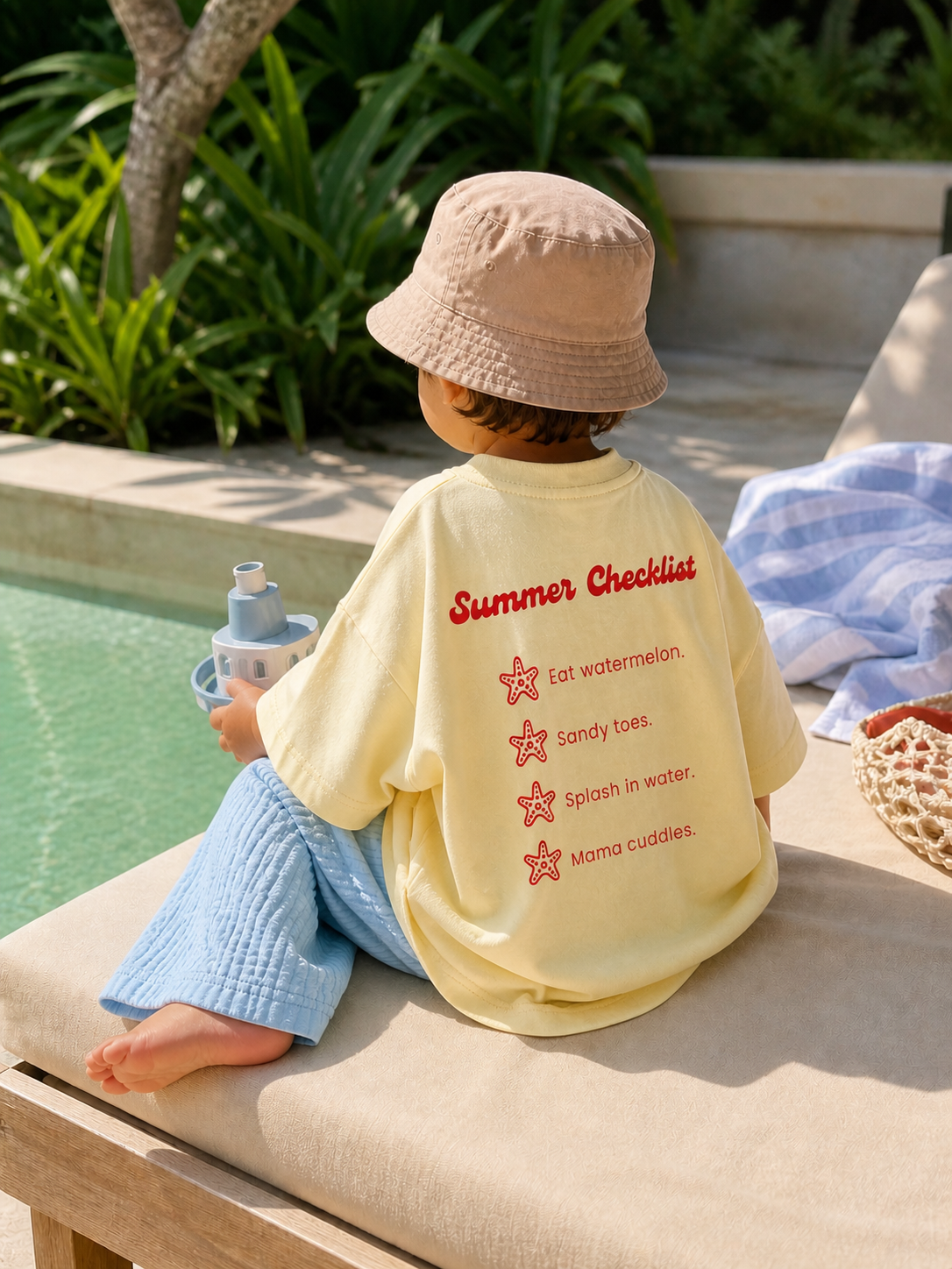 Close lifestyle view of Boo and Coo Ciao Summer oversized t-shirt back print