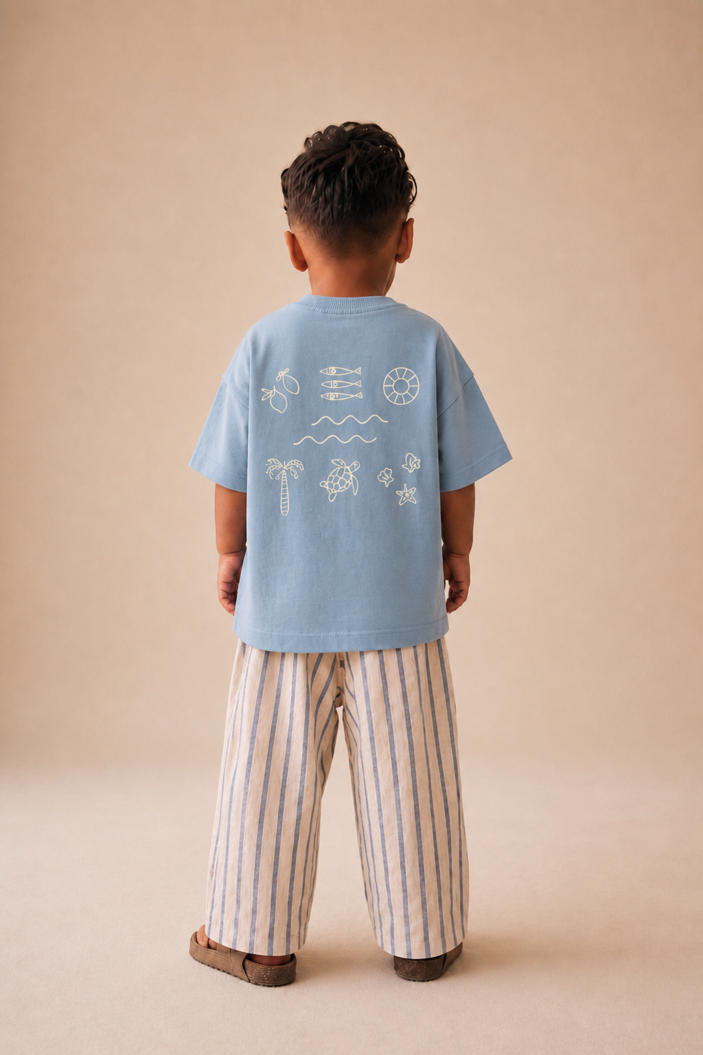 Toddler walking outdoors wearing Boo and Coo striped linen pants and oversized t-shirt