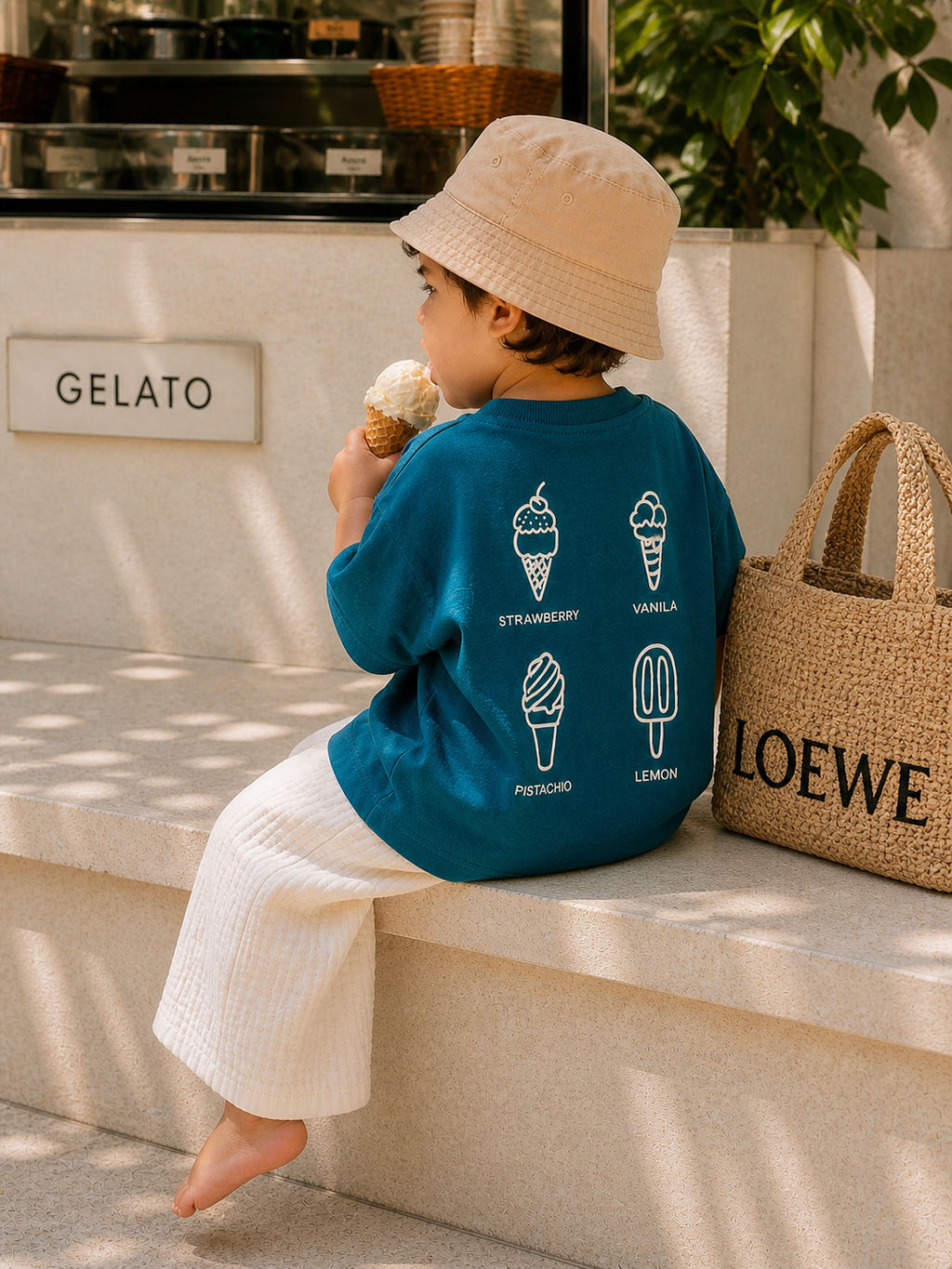 Toddler wearing Boo and Coo Gelato Club oversized t-shirt with gelato illustration back print