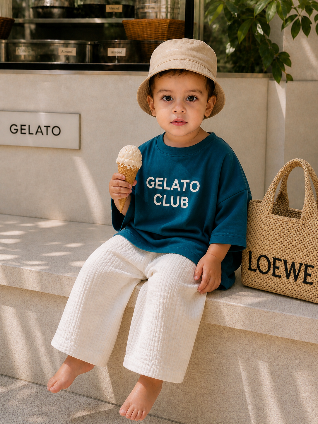 Front view of toddler wearing Boo and Coo Gelato Club oversized t-shirt